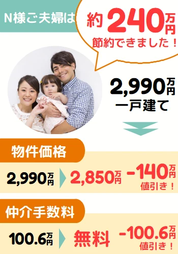 N様ご夫婦：物件価格140万円値下げ&仲介手数料無料の事例